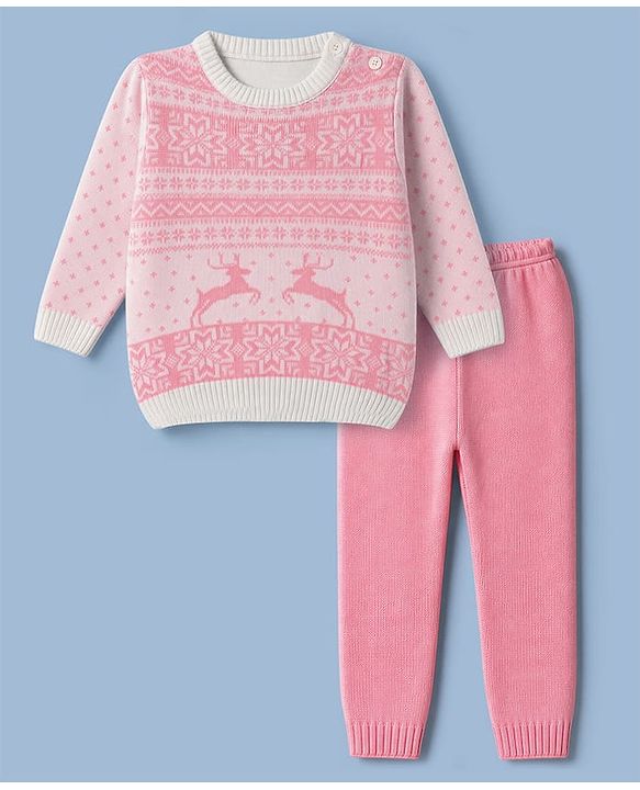 Babyhug Knit Full Sleeves Sweater Set with Floral & Rain Bear Design - Pink
