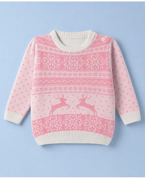 Babyhug Knit Full Sleeves Sweater Set with Floral & Rain Bear Design - Pink