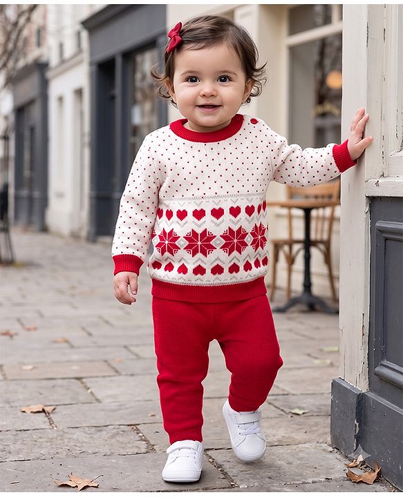 Babyhug Knit Full Sleeves  Sweater Set with Heart & Floral Design - Red