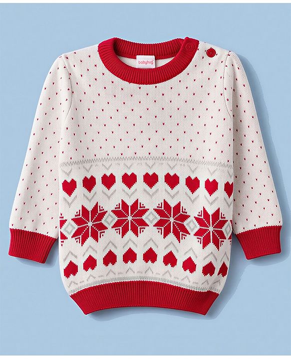 Babyhug Knit Full Sleeves  Sweater Set with Heart & Floral Design - Red