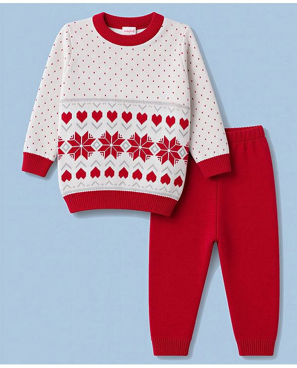 Babyhug Knit Full Sleeves  Sweater Set with Heart & Floral Design - Red