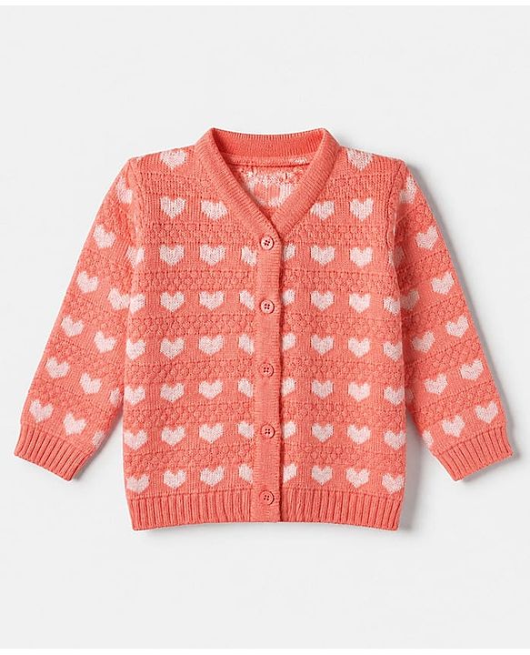 Babyhug Knitwear Sweater and Pant Full Sleeves with Full Length and Hearts Design in Peach for 3-6 Months