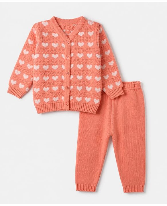 Babyhug Knitwear Sweater and Pant Full Sleeves with Full Length and Hearts Design in Peach for 3-6 Months