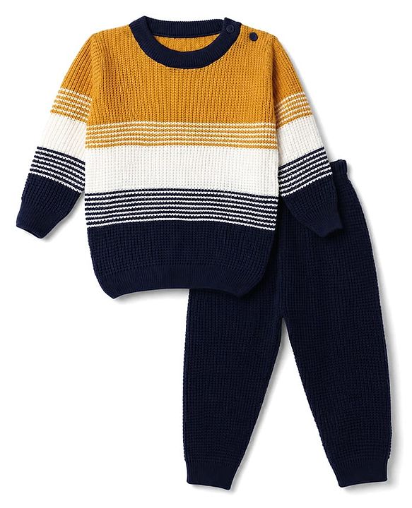 Babyhug Knit Full Sleeves Sweater Set with Color Block Design - Navy Blue