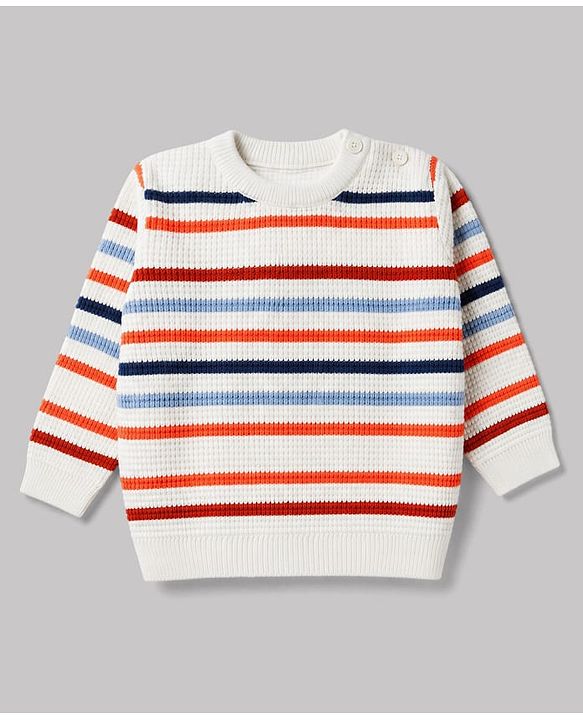 Babyhug Male Knit Full Sleeves Striped Sweater Set - White