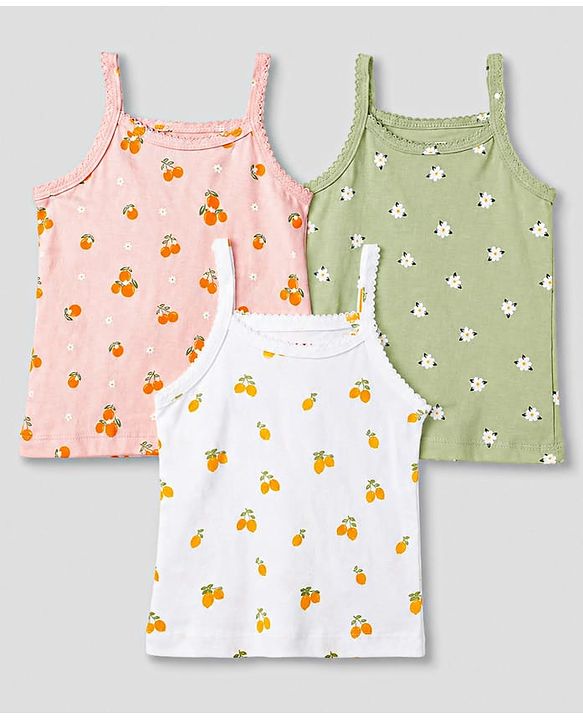 Babyhug 100% Cotton Single Jersey Knit Sleeveless Floral & Lemon Printed Slips Pack of 3 - White Pink & Green