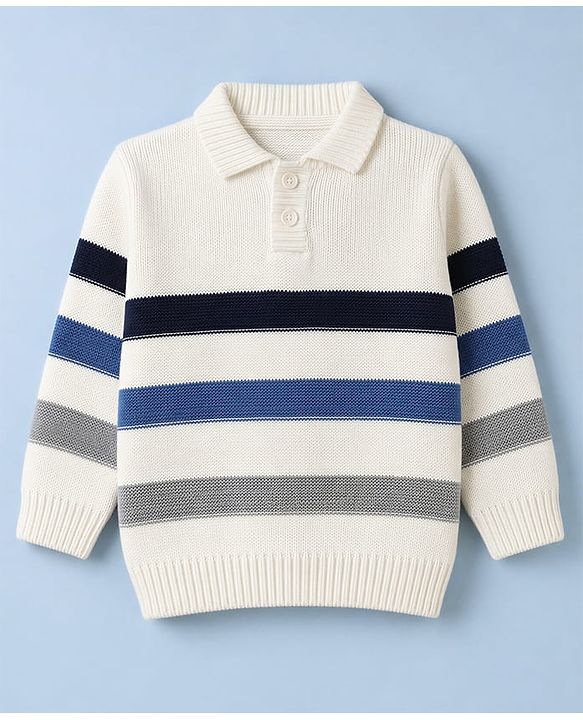 Babyhug Knit Striped Full Sleeves Baby Sweater Set - White