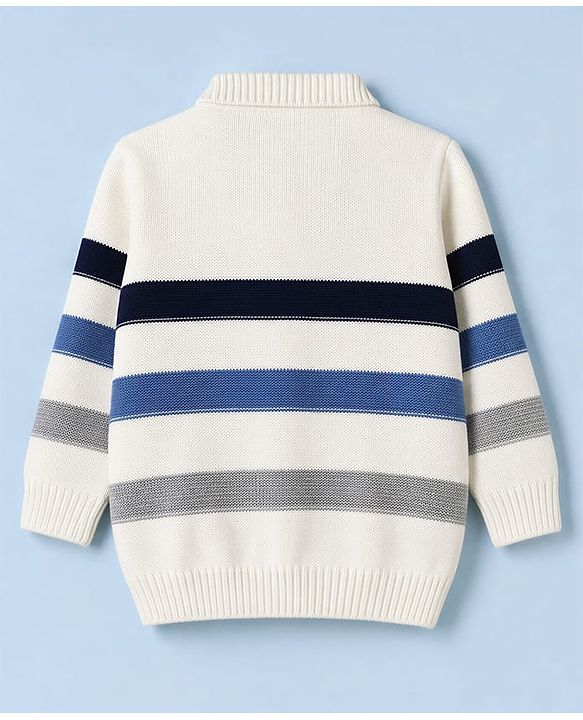 Babyhug Knit Striped Full Sleeves Baby Sweater Set - White