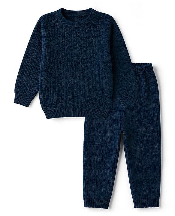 Babyhug Knit Full Sleeves Textured Sweater Set - Teal Blue