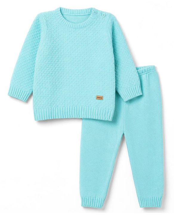 Babyhug Knit Full Sleeves Textured Sweater Set - Teal Blue