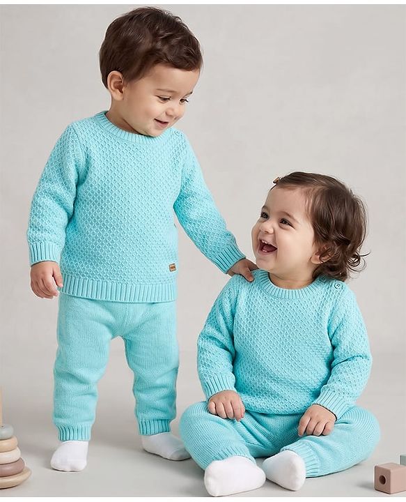 Babyhug Knit Full Sleeves Textured Sweater Set - Teal Blue