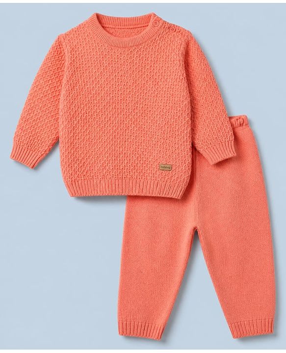 Babyhug Knit Full Sleeves Textured Sweater Set - Teal Blue