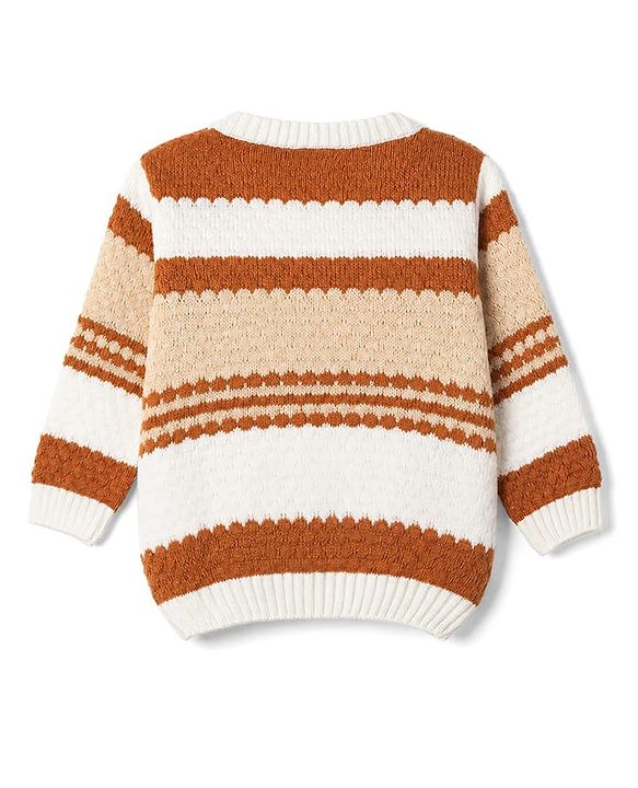 Babyhug Knit Full Sleeves Striped Sweater Set - Light Brown