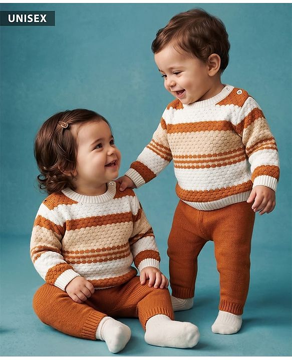 Babyhug Knit Full Sleeves Striped Sweater Set - Light Brown