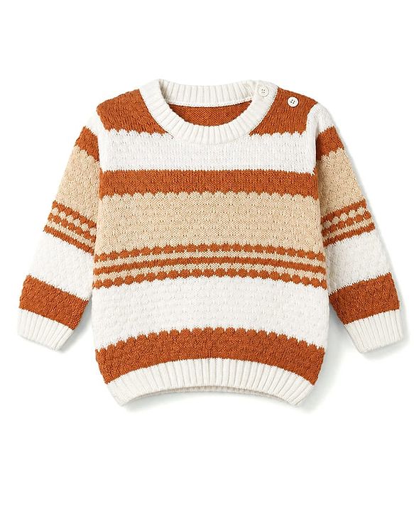 Babyhug Knit Full Sleeves Striped Sweater Set - Light Brown