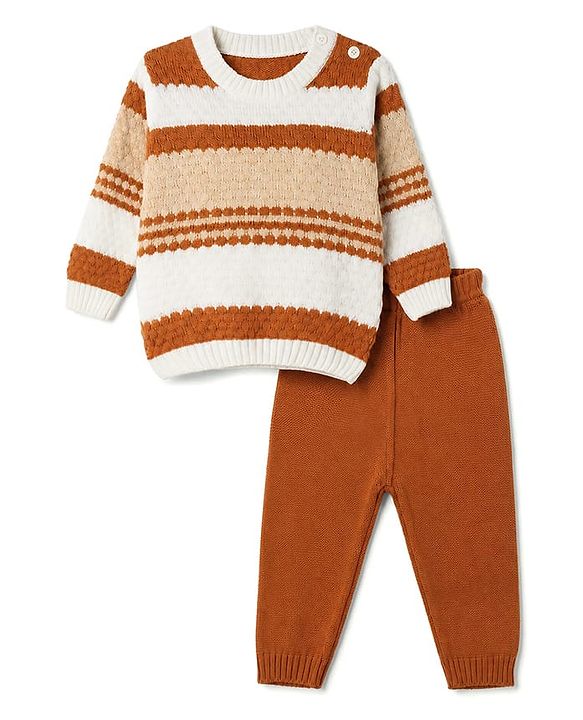 Babyhug Knit Full Sleeves Striped Sweater Set - Light Brown