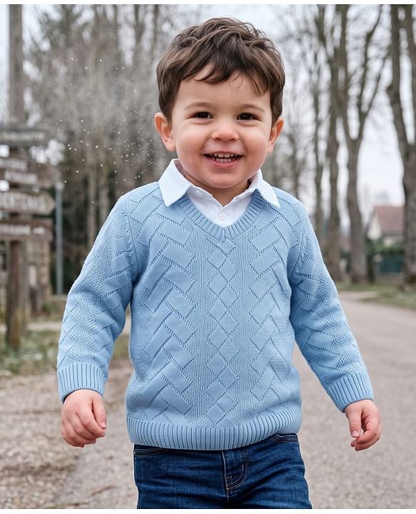 Babyhug Knit Full Sleeves Pullover with Cable Knit Design - Sky Blue