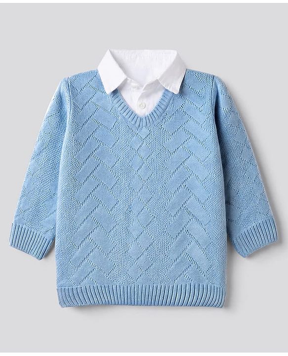 Babyhug Knit Full Sleeves Pullover with Cable Knit Design - Sky Blue