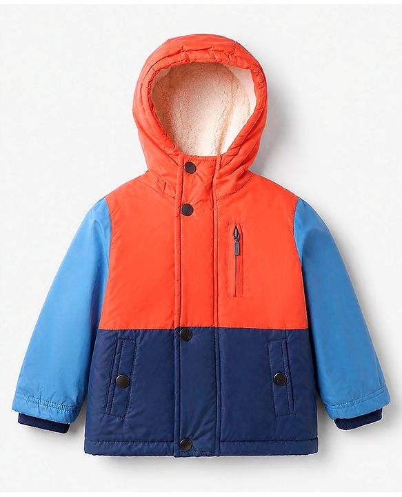 Babyhug Woven Padded Hoodie Jacket with Full Sleeves and Color Block in Navy Blue