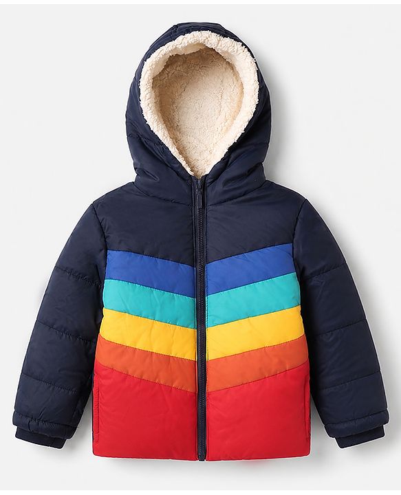 Babyhug Woven Padded Hoodie Jacket with Full Sleeves and Chevron Stripes Print in Navy Blue