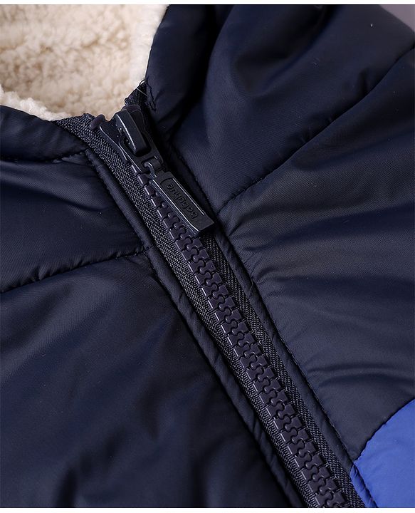 Babyhug Woven Padded Hoodie Jacket with Full Sleeves and Chevron Stripes Print in Navy Blue