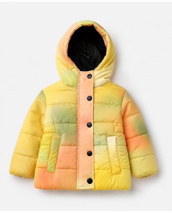 Babyhug Woven Padded Quilted Hooded Winter Jacket with Front Open & Full Sleeves with Tie-Dye Print - Yellow
