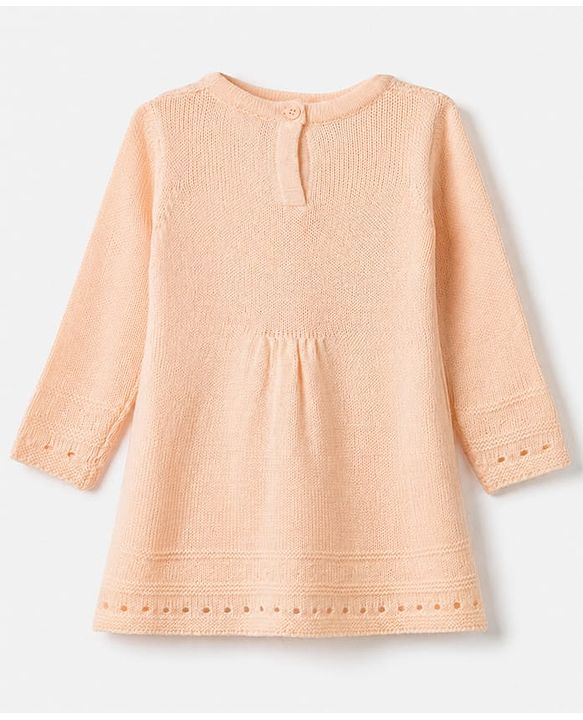 Babyhug Knit Woolen Dress with Full Sleeves and Cable Knit Design - Peach