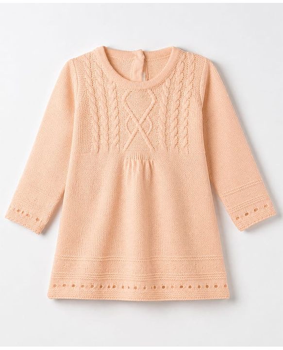 Babyhug Knit Woolen Dress with Full Sleeves and Cable Knit Design - Peach
