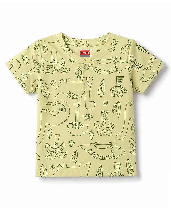 Babyhug 100% Cotton Single Jersey Knit Half Sleeves Dino Printed Henley T-Shirt and Shorts Set - Olive Green