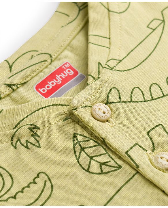 Babyhug 100% Cotton Single Jersey Knit Half Sleeves Dino Printed Henley T-Shirt and Shorts Set - Olive Green