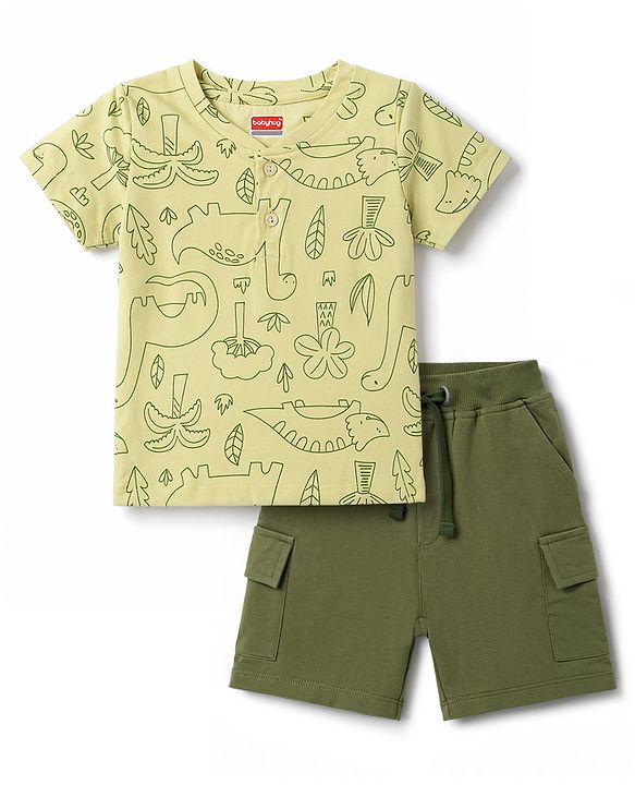 Babyhug 100% Cotton Single Jersey Knit Half Sleeves Dino Printed Henley T-Shirt and Shorts Set - Olive Green