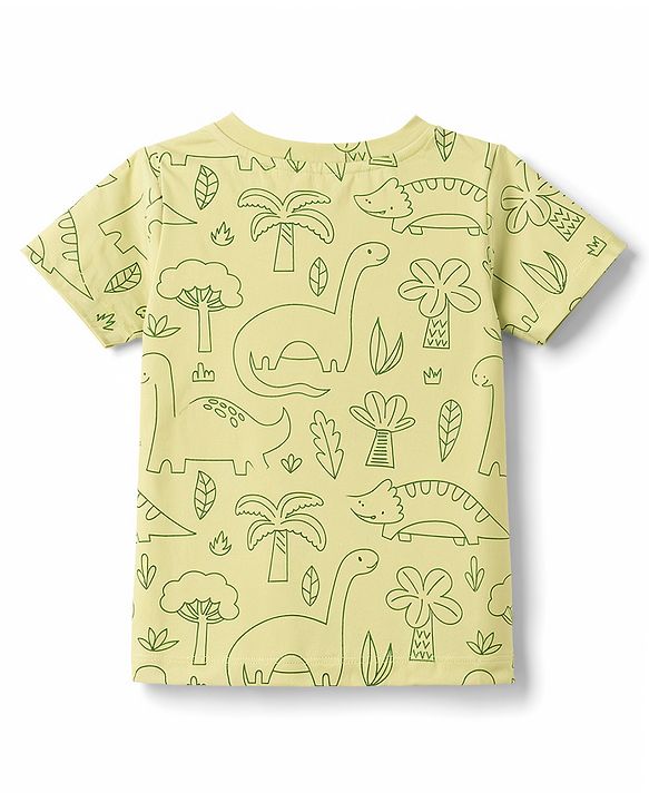 Babyhug 100% Cotton Single Jersey Knit Half Sleeves Dino Printed Henley T-Shirt and Shorts Set - Olive Green