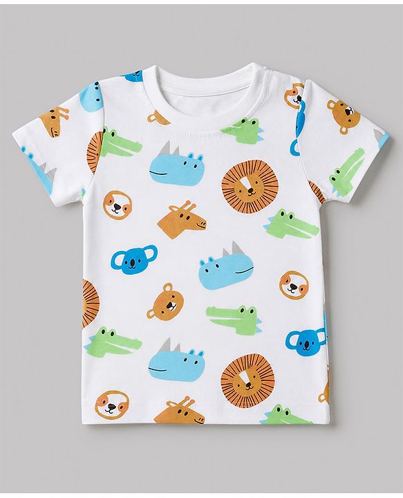 Babyhug 100% Cotton Single Jersey Knit Half Sleeves T-Shirt & Shorts With Animal Print - White & Light Brown