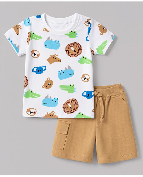 Babyhug 100% Cotton Single Jersey Knit Half Sleeves T-Shirt & Shorts With Animal Print - White & Light Brown