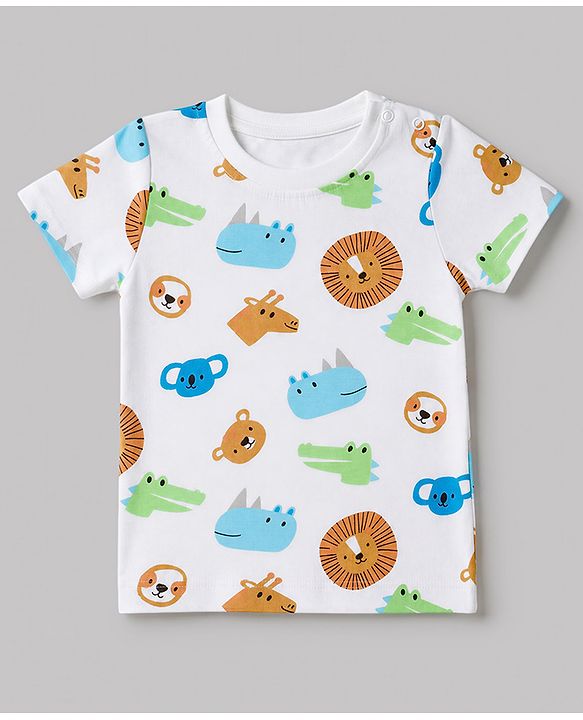 Babyhug 100% Cotton Single Jersey Knit Half Sleeves T-Shirt & Shorts With Animal Print - White & Light Brown