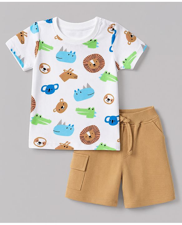 Babyhug 100% Cotton Single Jersey Knit Half Sleeves T-Shirt & Shorts With Animal Print - White & Light Brown