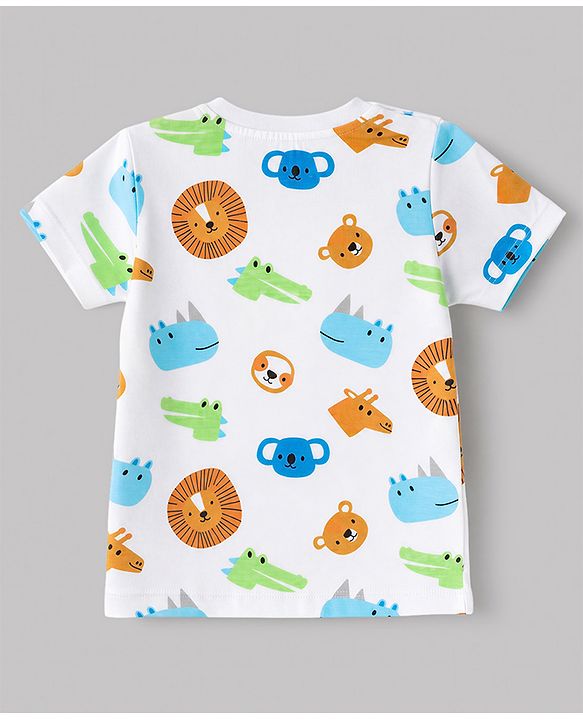 Babyhug 100% Cotton Single Jersey Knit Half Sleeves T-Shirt & Shorts With Animal Print - White & Light Brown