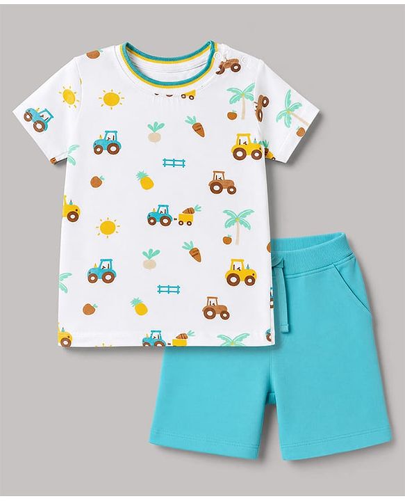 Babyhug Single Jersey Knit Half Sleeves T-Shirt & Shorts Set Car Print - Blue