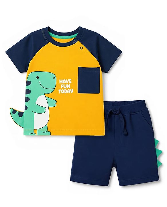 Babyhug Single Jersey Knit Half Raglan Sleeves T-Shirt & Shorts Set Dino Print - Orange & Blue