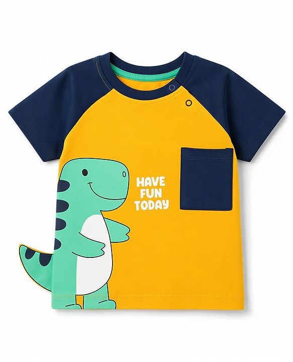 Babyhug Single Jersey Knit Half Raglan Sleeves T-Shirt & Shorts Set Dino Print - Orange & Blue