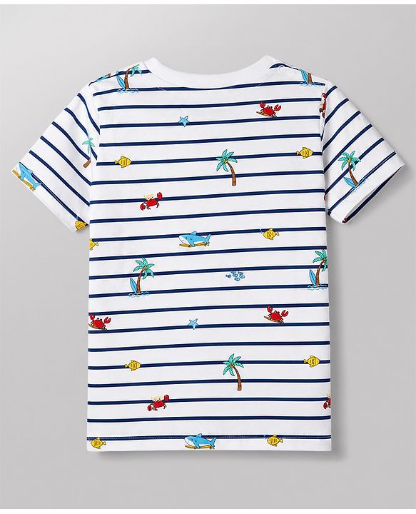 Babyhug 100% Cotton Single Jersey Knit Half Sleeves T-Shirt & Shorts Set With Sea Life Print - White & Navy Blue
