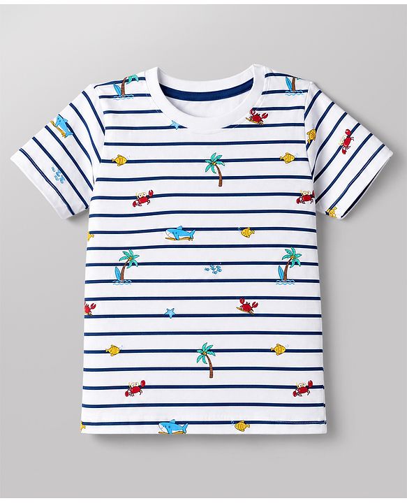 Babyhug 100% Cotton Single Jersey Knit Half Sleeves T-Shirt & Shorts Set With Sea Life Print - White & Navy Blue