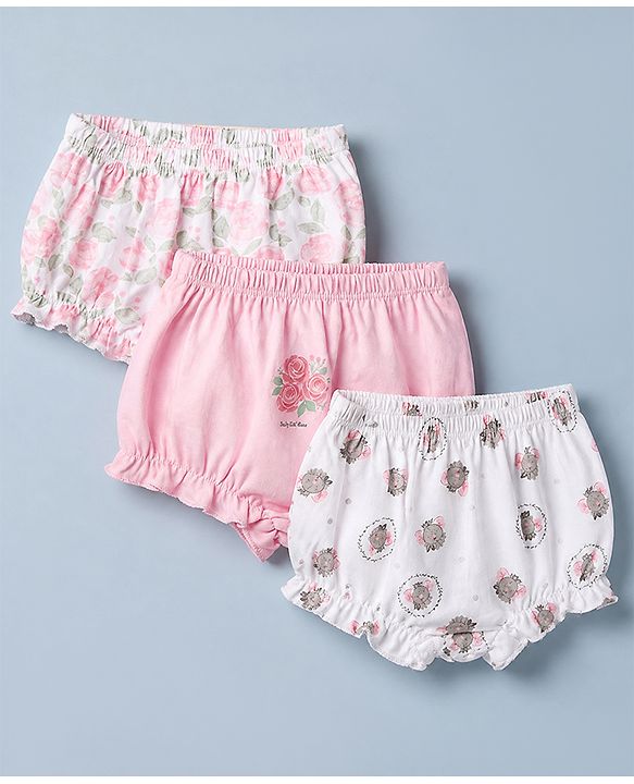 Babyhug 100% Cotton Single Jersey Knit Bloomer With Floral Print Pack of 3 - Pink White