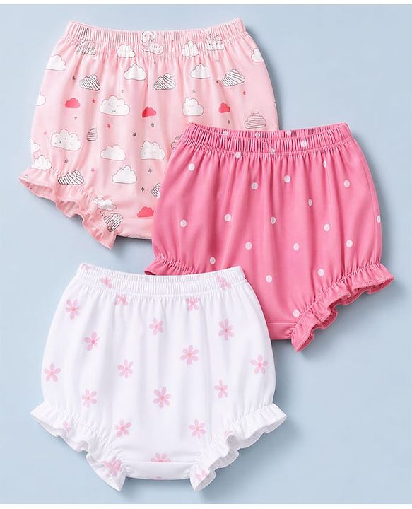 Babyhug 100% Cotton Single Jersey Knit Bloomer With Polka Dot & Floral Print Pack of 3 - Light Pink, Pink & White