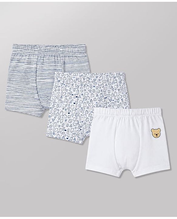 Babyhug 100% Cotton Knit Striped & Animal Printed Trunks Pack Of 3 - White & Blue