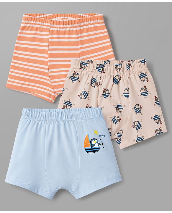 Babyhug 100% Cotton Knit Striped Briefs With Boat Print Pack of 3 - Peach, Orange & Light Blue