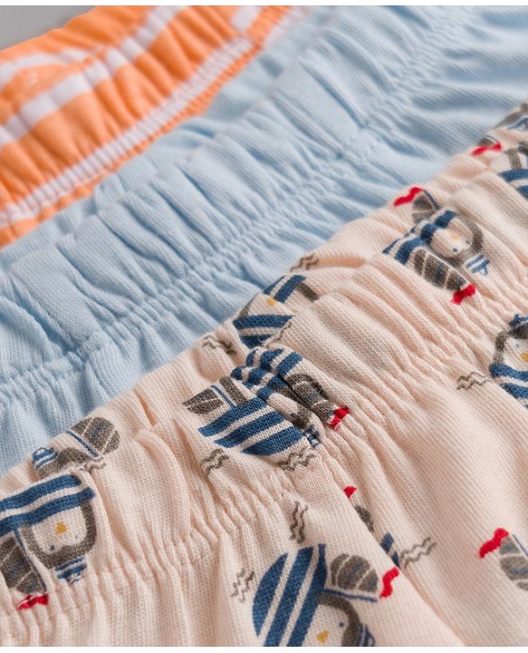 Babyhug 100% Cotton Knit Striped Briefs With Boat Print Pack of 3 - Peach, Orange & Light Blue