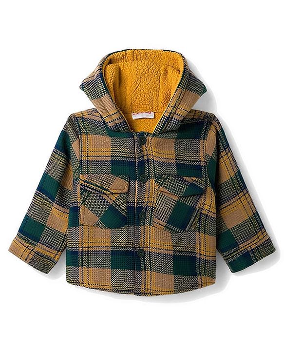 Babyhug Cotton Woven Checked Hoodie With Full Sleeves  - Green