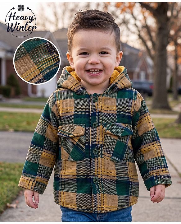 Babyhug Cotton Woven Checked Hoodie With Full Sleeves  - Green