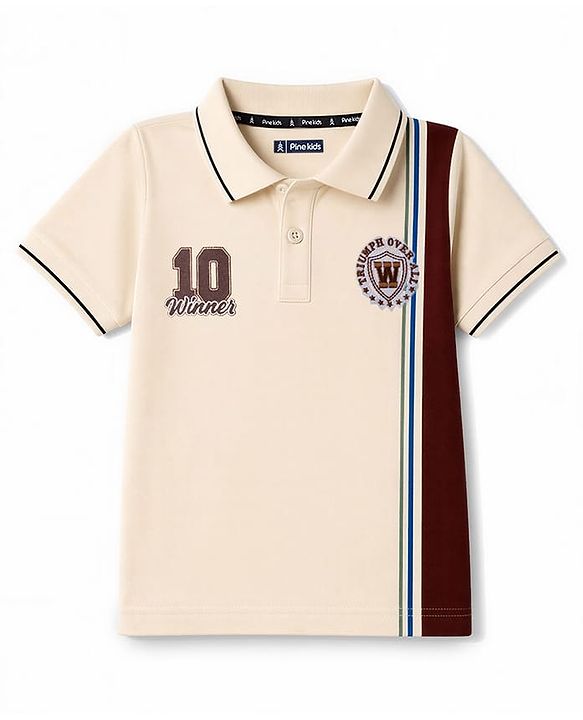 Pine Kids Cotton Knit Half Sleeves Polo T-Shirt With 10 Winner Print & Patch - Beige